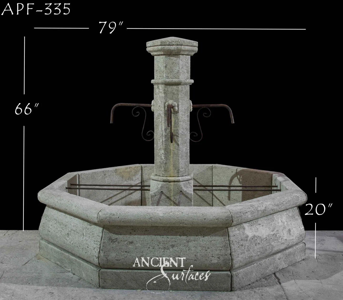 Reclaimed limestone pool fountain with a square pillar banded by a ring collar, scrolled iron spouts and an octagonal pool with green lichen patina