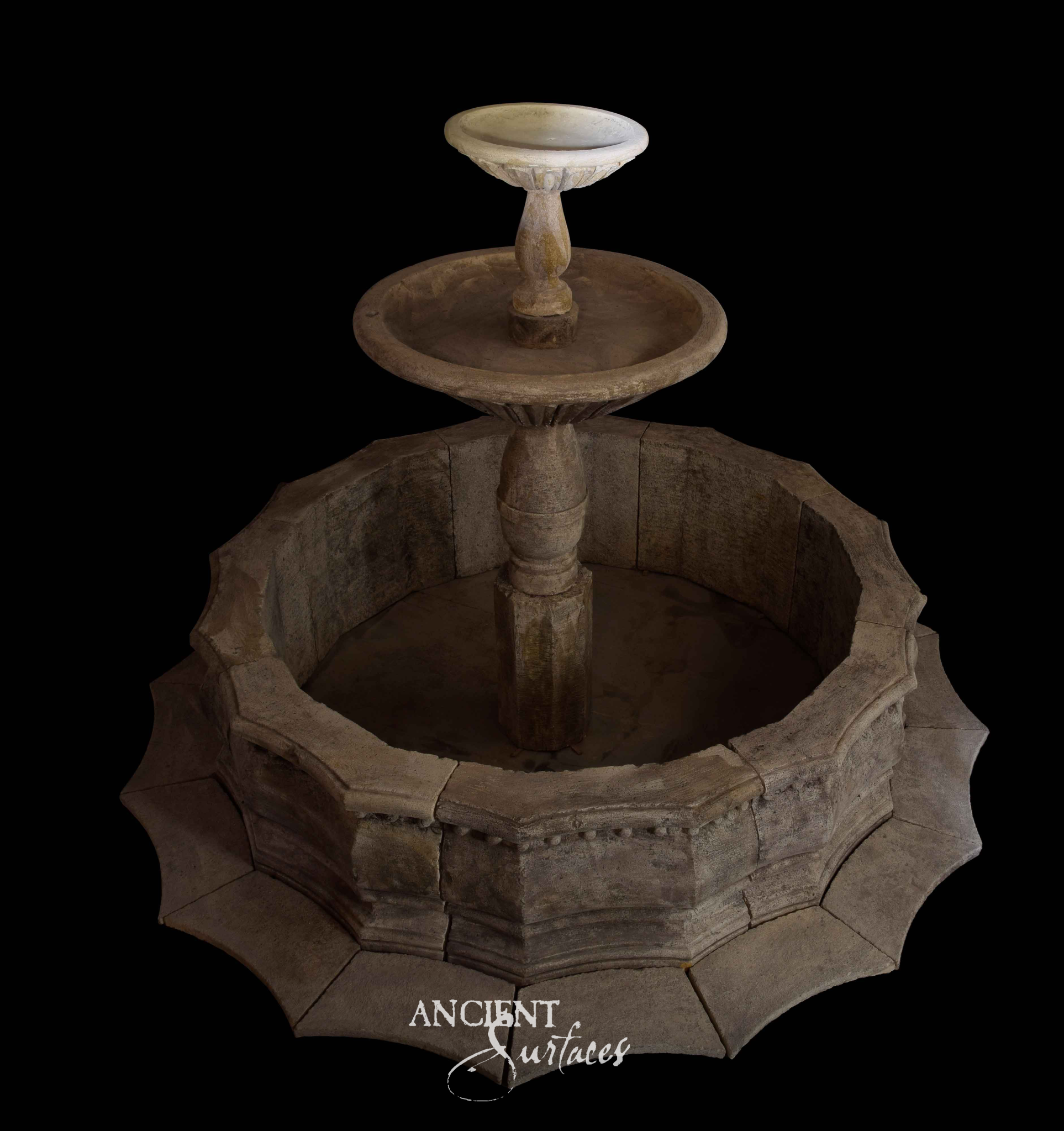 Two tier reclaimed limestone pool fountain with a small upper bowl, a wide lower dish and a twelve sided pool with a pointed lobed stone apron